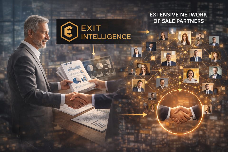 Visualisierung des Exit-Intelligence-Geschäftsmodells mit Analyse, Netzwerk und diskreter Transaktionsanbahnung