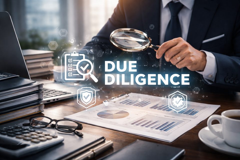 Arbeitsplatz fuer Unternehmensbewertung mit Unterlagen, Lupe und Analyse-Visualisierung